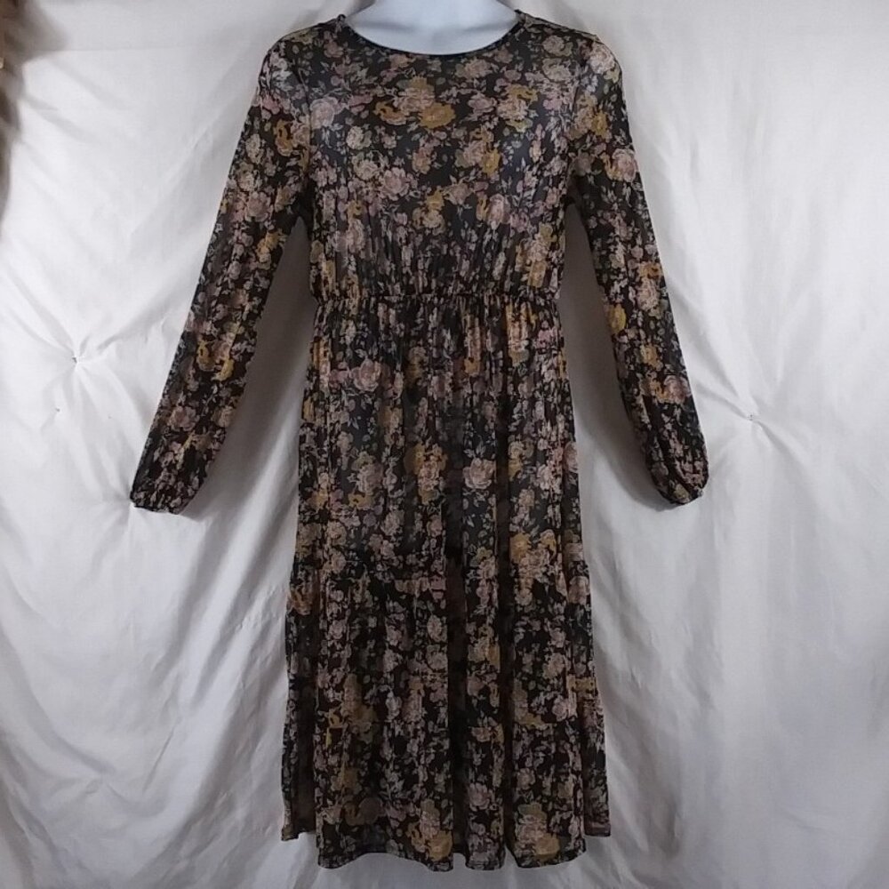 Wild Fable Women's Green Floral Long Sleeve Keyhole Cinched Sheer Dress Size L - Picture 2 of 10